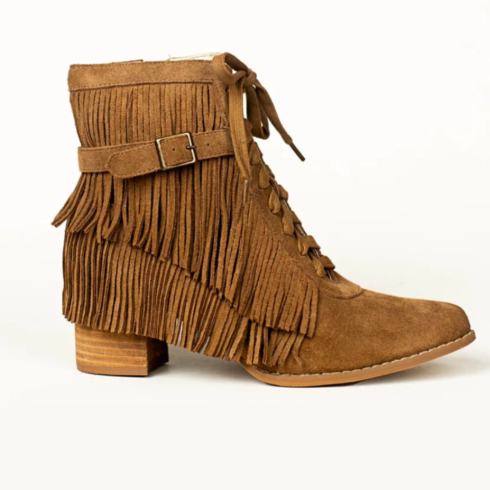 Joyfolie Nika Leather Fringe Boot in Pecan